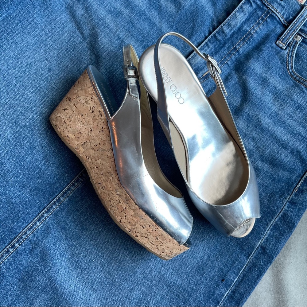 Jimmy Choo Tan and Silver Peep-Toe Wedges